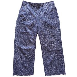 J.Crew Navy Blue Metallic Floral Lace Wide Leg Cropped Pants Womens Size 14